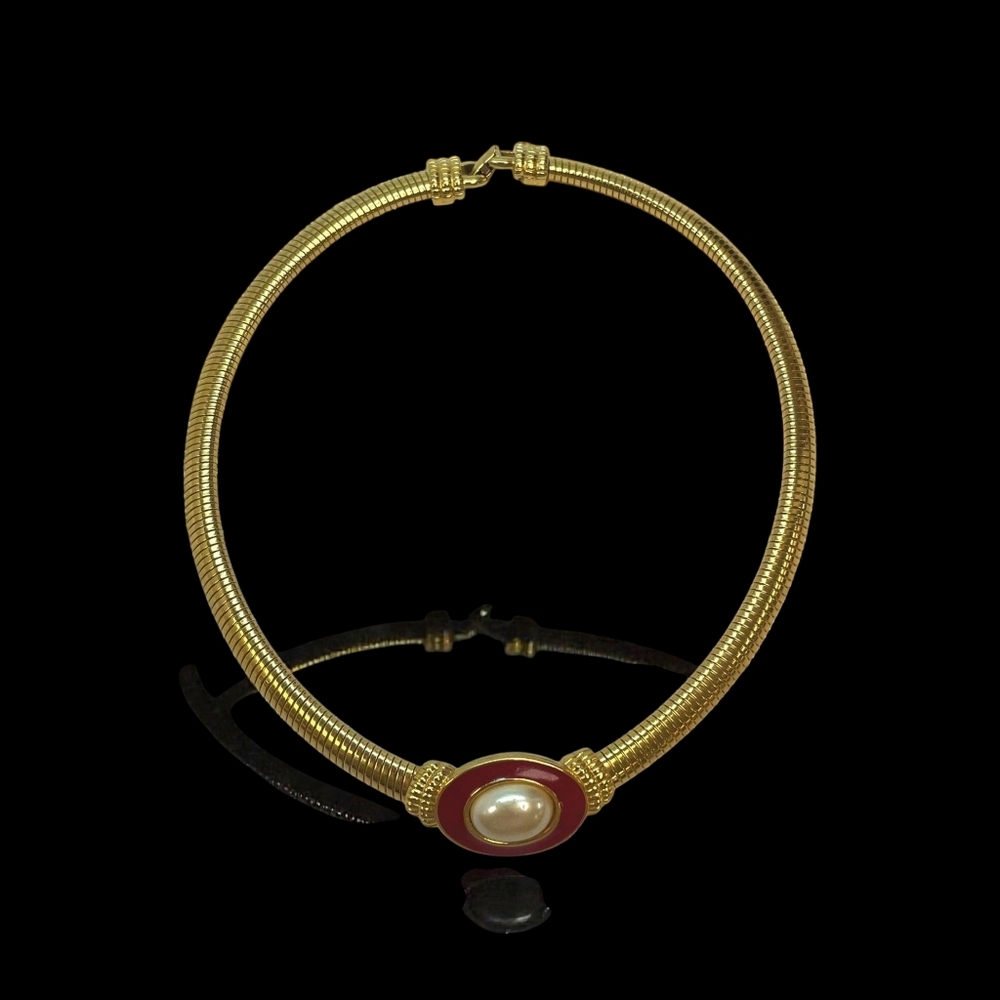 Monet Vintage Gold Plated Red Enamel Collar Fuax Pearl Accent Earring Is Free